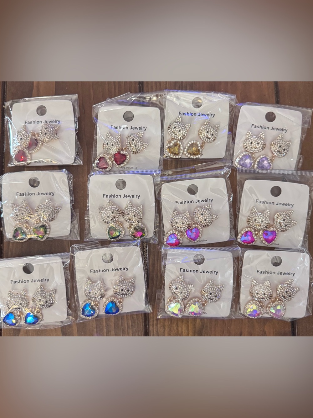 Fashion Jewelry Silver Crystal Cat Earrings with Iridescent Heart Drops - Picture 2 of 3